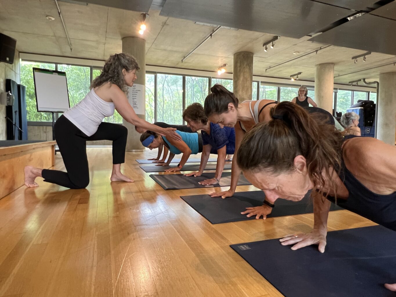 chaya spencer señala el lazo del hombro en chaturanga dandasana mientras dirige una formación de profesores para ayudar a los estudiantes a convertirse en profesores de anusara yoga